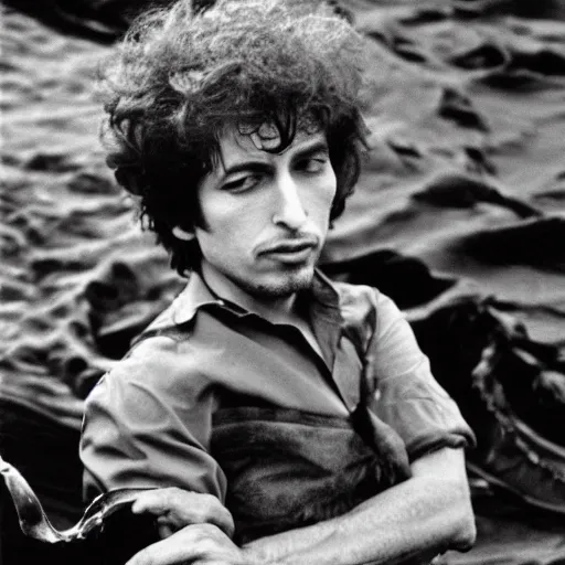 Image similar to bob dylan cradling kelp like a baby, photograph, 1 9 6 5