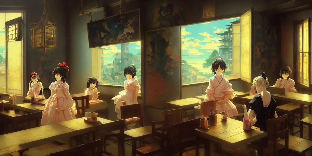 Prompt: baroque oil painting of key visual environment concept art of anime maid cafe in modern japan, brutalist, dark fantasy, rule of thirds golden ratio, fake detail, trending pixiv fanbox, acrylic palette knife, style of makoto shinkai studio ghibli genshin impact jamie wyeth james gilleard greg rutkowski chiho aoshima