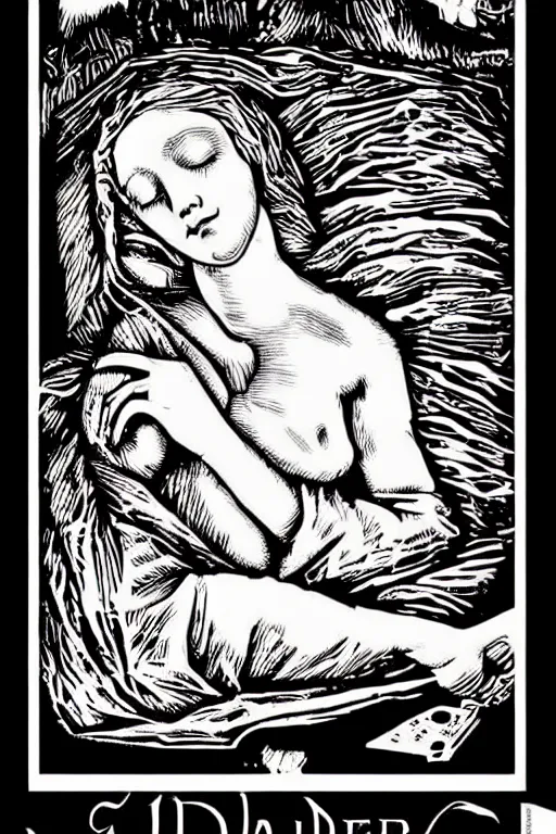 Image similar to sleeping beauty, art by james o barr and albrecht durer, surreal woodcut engraving, black and white, vector, vector art