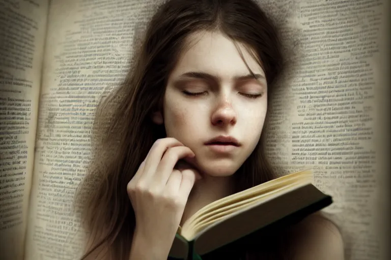 Prompt: an ultra realistic, cinematic, headshot portrait, of a girl reading a book, hair flowing down, facial features, detailed, deep focus, movie still, dramatic lighting, ray tracing, by michal karcz and yoshitaka amano