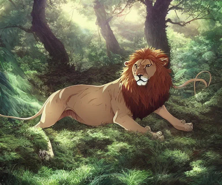 Image similar to lion in a forest, anime fantasy illustration by tomoyuki yamasaki, kyoto studio, madhouse, ufotable, comixwave films, trending on artstation