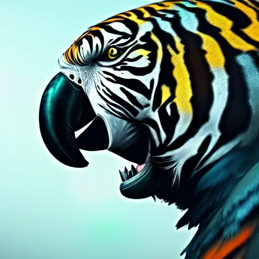 Image similar to a parrot and a tiger fused together, hyperdetailed, artstation, cgsociety, 8 k