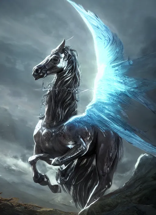 Image similar to pegasus, ultra detailed fantasy, elden ring, realistic, dnd character portrait, full body, dnd, rpg, lotr game design fanart by concept art, behance hd, artstation, deviantart, global illumination radiating a glowing aura global illumination ray tracing hdr render in unreal engine 5