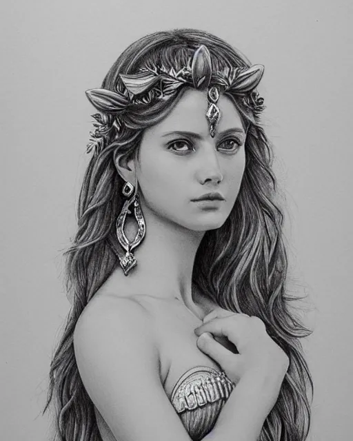 Prompt: pencil drawing of a beautiful greek goddess aphrodite wearing a laurel wreath and arrowhead earrings, beautiful confident eyes, beautiful flowing hair, hyper realistic face, in the style of artgerm, fantasy, amazing detail, epic, elegant, smooth, sharp focus, from the front, long shot
