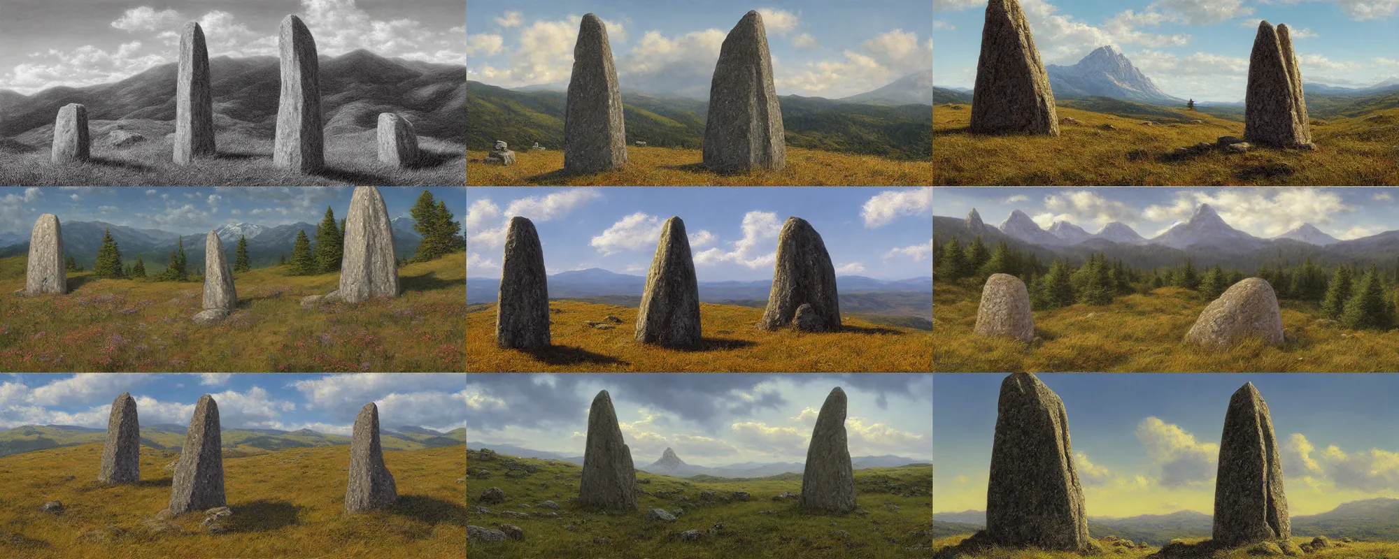 Prompt: meadow mountain landscape with a menhir in the foreground, by ted nasmith