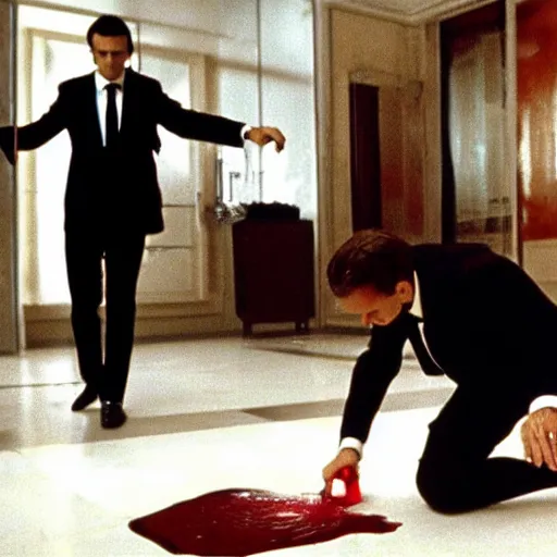 Image similar to Emmanuel Macron washing blood on the floor in American Psycho (1999)