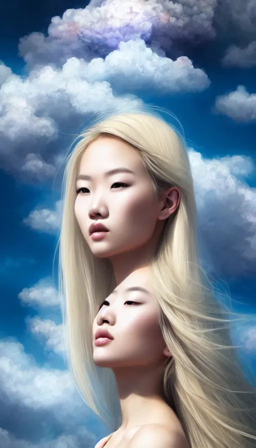 Image similar to photo of a gorgeous blonde young asian girl , searching for eternity, head in the clouds in the style of stefan kostic, realistic, sharp focus, 8k high definition, high fashion, vogue, insanely detailed, intricate, elegant, art by stanley lau and artgerm, sigma 85mm art