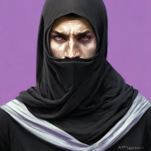 Image similar to ultra realistic illustration, man in a black hood, in a striped purple balaclava, mysterious, highly detailed, digital painting, artstation, concept art, smooth, sharp focus, illustration, art by artgerm and greg rutkowski and alphonse mucha