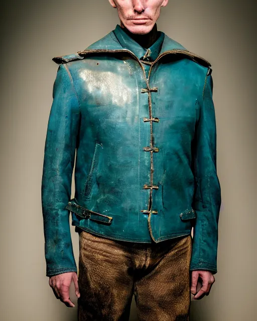 Image similar to an award - winning photo of an ancient male model wearing a plain cropped baggy teal distressed medieval designer menswear leather military jacket designed by alexander mcqueen, 4 k, studio lighting, wide angle lens, 2 0 0 4