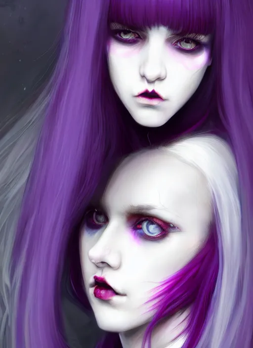 Image similar to portrait of white teenage girl, normal face, white bangs, mall goth, cyberlox, black and white hair, bangs, fluffy bangs, red contact lenses, purple lipstick, intricate, elegant, highly detailed, digital painting, artstation, concept art, sharp focus, smooth, illustration, art by wlop, mars ravelo and greg rutkowski