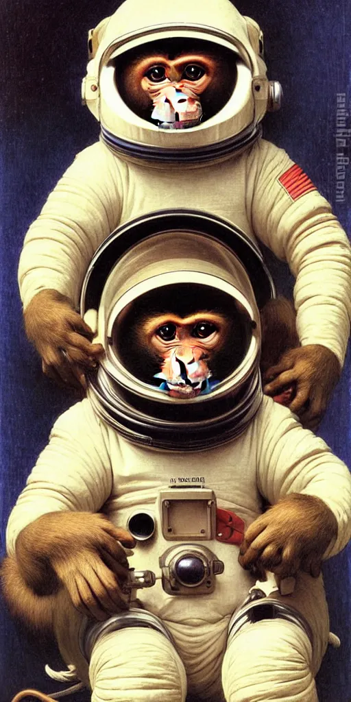 Image similar to portrait of a monkey wearing a spacesuit and an astronaut helmet, by bouguereau