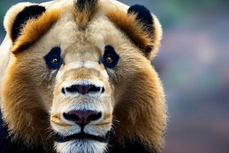 Image similar to a lion panda!!! hybrid! hyper realistic!! realistic lighting!! wildlife photographer of the year!!! bold natural colors, national geographic, hd, wide angle, 8 k