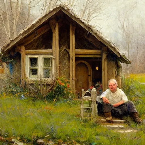 Image similar to Richard Schmid and Jeremy Lipking full length portrait painting of a cozy hobbit house in the shire