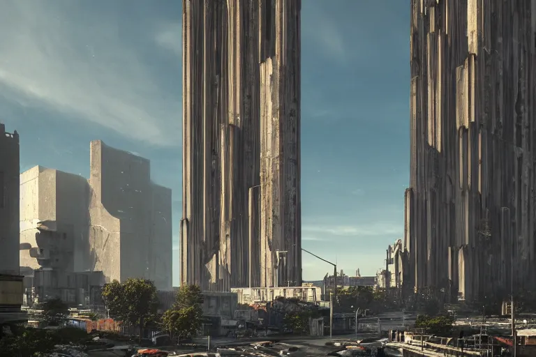 Image similar to streetscape, a towering cathedral of brutalist architecture, buildings covered with greebles, stunning volumetric light, sunset, metal, concrete and translucent material, stunning skies, majestic landscape, trending on Artstation, 8k, photorealistic, hyper detailed, unreal engine 5, IMAX quality, cinematic, epic lighting, in the style of Greg Rutkowski