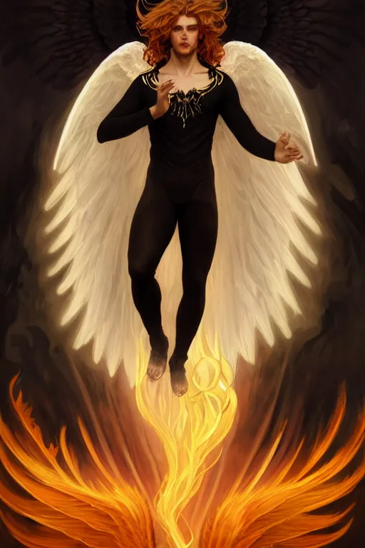 Image similar to symmetrical fullbody portrait of a beautiful young fit male angel with curly blond hairs, fulldressed in long fluent black clothes, majestic big red demonic wings, luminous fire halo, by greg rutkowski and alphonse mucha, gradient white to gold, in front of a smoky background, highly detailed portrait, digital painting, artstation, concept art, smooth, sharp focus illustration