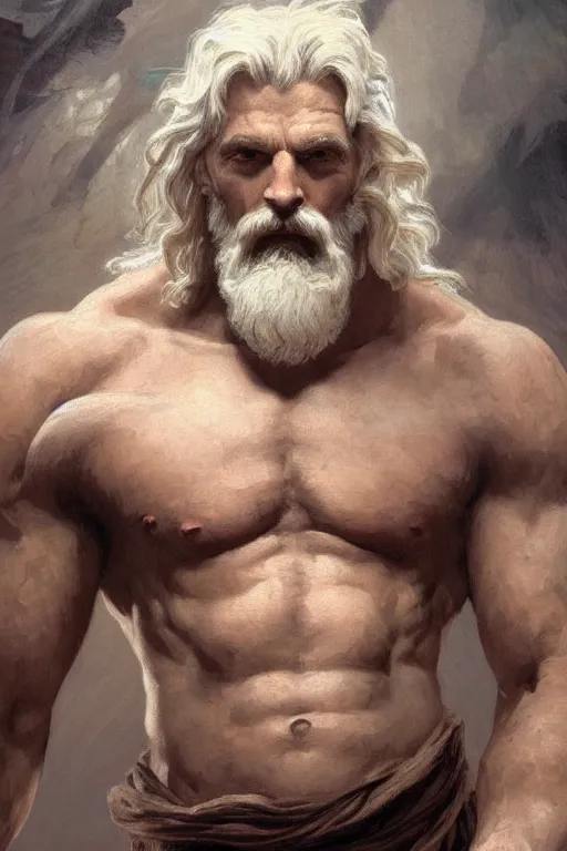 Prompt: painted portrait of rugged zeus, furious, god of thunder, greek god, white hair, masculine, mature, handsome, upper body, muscular, hairy torso, fantasy, intricate, elegant, highly detailed, digital painting, artstation, concept art, smooth, sharp focus, illustration, art by gaston bussiere and alphonse mucha