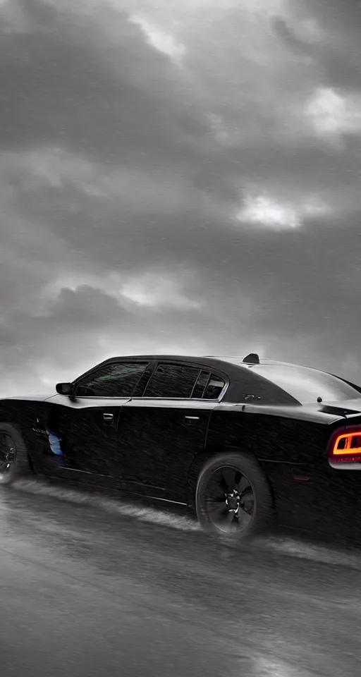 Prompt: photograph of a 2 0 1 1 dodge charger driving down a highway in the rain, dark, gothic, lovecraftian, hyperrealistic, 4 k, highly detailed,