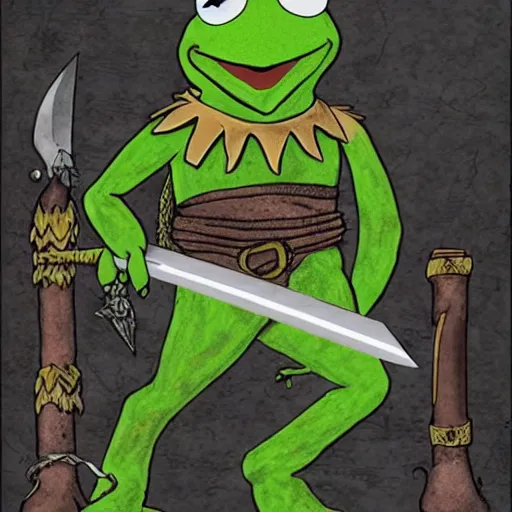 Prompt: kermit the frog as a barbarian warlord, sword and sorcery art