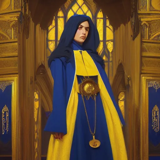 Prompt: portrait of a middle - eastern female cleric with straight black hair wearing blue and yellow vestments inside a temple, fantasy, highly detailed, digital painting, artstation, concept art, character art, art by greg rutkowski and tyler jacobson and alphonse mucha