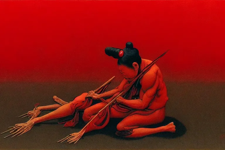 Image similar to only with red, a red samurai do seppuku, tokio, a lot of frogs watch, in the style of beksinski, parts by edward hopper, parts by rodcenko, parts by yue minjun, intricate and epic composition, red by caravaggio, insanely quality, highly detailed, masterpiece, red light, artstation, 4 k