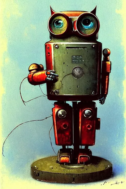 Image similar to adventurer ( ( ( ( ( 1 9 5 0 s retro future robot android wise old owl robot on a stand looking at the camera. muted colors. ) ) ) ) ) by jean baptiste monge!!!!!!!!!!!!!!!!!!!!!!!!! chrome red