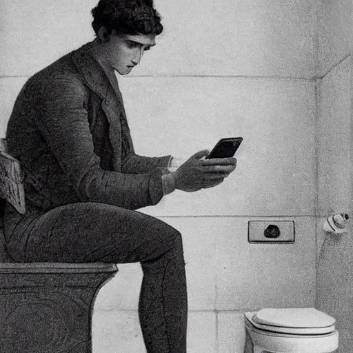Image similar to a fully dressed thoughtful intelligent young man sitting on a fully visible white ceramic toilet attentively staring at his smartphone, distant thoughtful look, renaissance painting