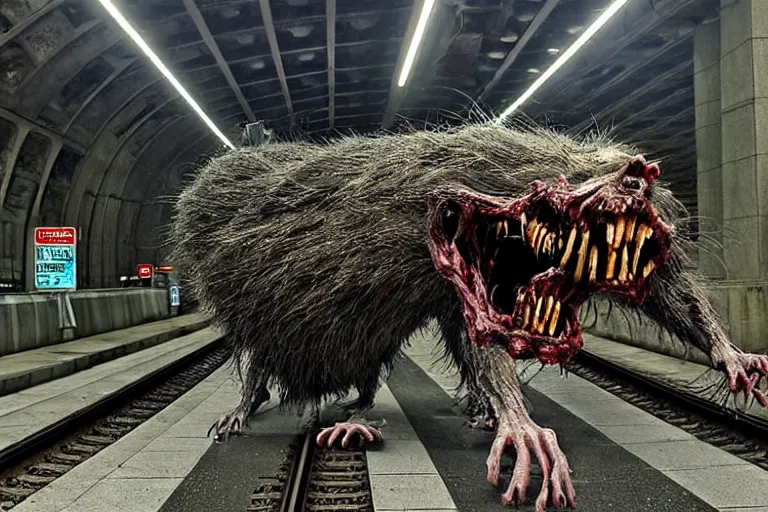 Image similar to very large giant mutant zombie irradiated ( angry rat ) staying on railways in tonnel of moscow subway. tonnel, railways, giant angry rat, furr, fangs, claws, very realistic. extreme long shot, wide angle, herman nitsch and herman nitsch, giger.