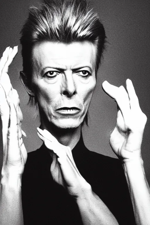 Image similar to david bowie with bright glowing eyes, staring into rhe camera, standing creepily in the middle of the room, black background, dark room, dramatic lighting
