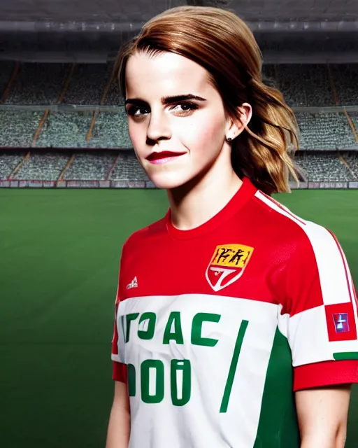 Image similar to a portrait of emma watson wearing lokomotiv football shirt, hyper realistic