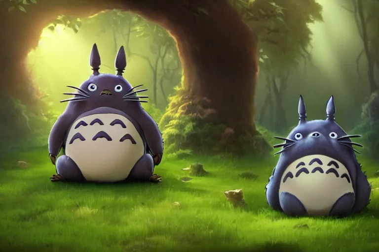 Prompt: Totoro sitting in a forest, fantasy, pixar, animated movie, high detail, god rays, Trending on artstation, artstationHD, artstationHQ