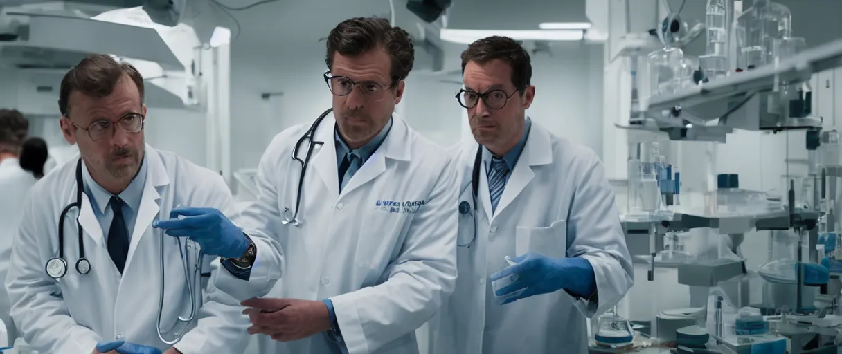 Image similar to filmic dutch angle movie still 4 k uhd 3 5 mm film color photograph of a shocked but intrigued doctor looking down at a dangerous re - animated specimen in a lab