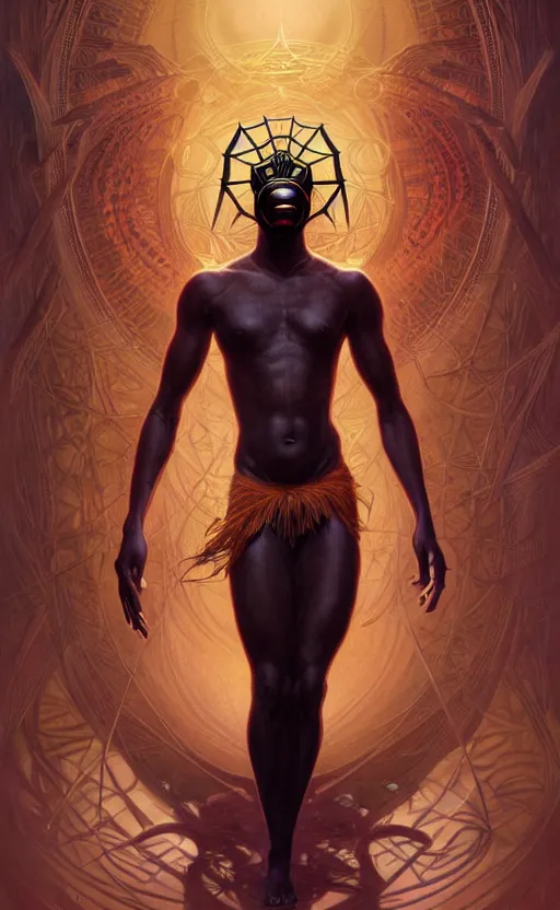 Image similar to ! dream the god anansi, african mythology, intricate, upper body, highly detailed, digital painting, artstation, concept art, sharp focus, cinematic lighting, illustration, art by artgerm and greg rutkowski, alphonse mucha, cgsociety