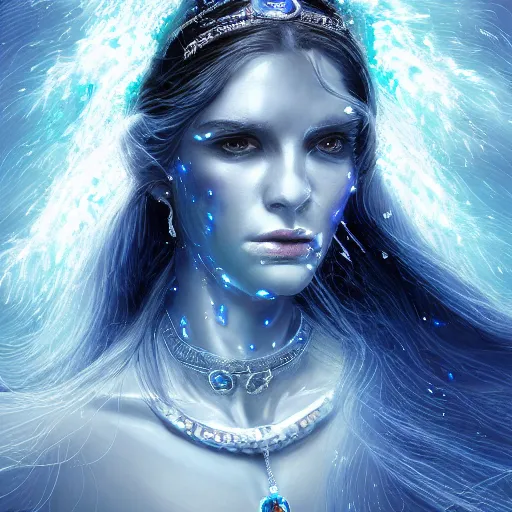 Image similar to masterpiece portrait of an aesthetic mage woman, ice spell, 3 0 years old woman, thin facial features, black dynamic hair, wearing silver diadem with blue gems inlays, silver necklace, painting by joachim bergauer and magali villeneuve, atmospheric effects, chaotic blue sparks dynamics in the background, intricate, artstation, fantasy