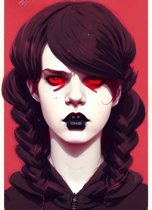 Image similar to highly detailed portrait of a goth teenager, tartan hoody, ringlet hair by atey ghailan, by greg rutkowski, by greg tocchini, by james gilleard, by joe fenton, by kaethe butcher, gradient red, black, cream and white color scheme, trending in pinterest, award winning details