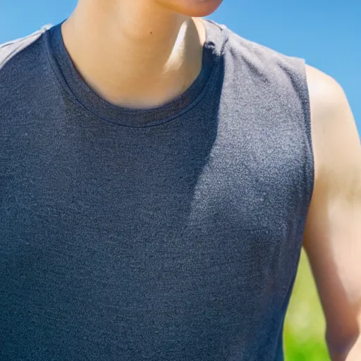 Image similar to Portrait of a 21 yo boy with natural brown hair, smooth pale skin. Net fischer net tank top. Detailed face. Full body shot. Photo. Blue sky.