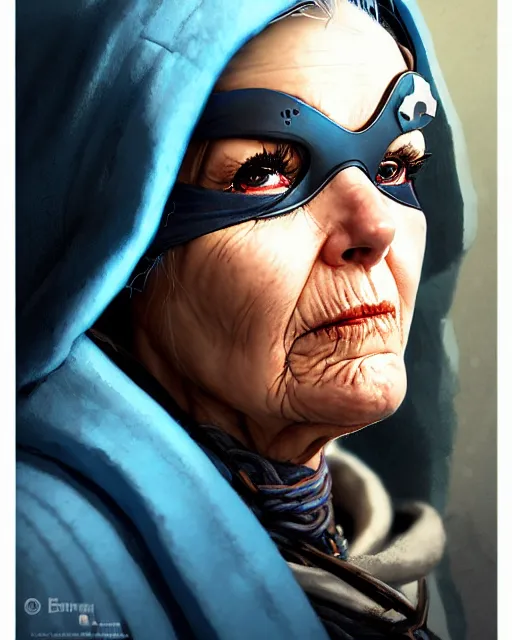 Prompt: ana from overwatch, eye patch, white hair, hooded blue cloak, older woman, character portrait, portrait, close up, concept art, intricate details, highly detailed, vintage sci - fi poster, in the style of chris foss, rodger dean, moebius, michael whelan, and gustave dore