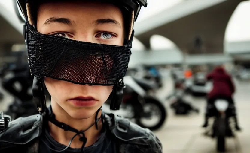 Image similar to cinestill 5 0 d candid photographic portrait by helen levitt of a mixed teen cyborg wearing rugged black mesh techwear riding on a dirtbike through an airport, extreme closeup, modern cyberpunk moody emotional cinematic, snow storm, 8 k, hd, high resolution, 3 5 mm, f / 3 2, ultra realistic faces, ex machina