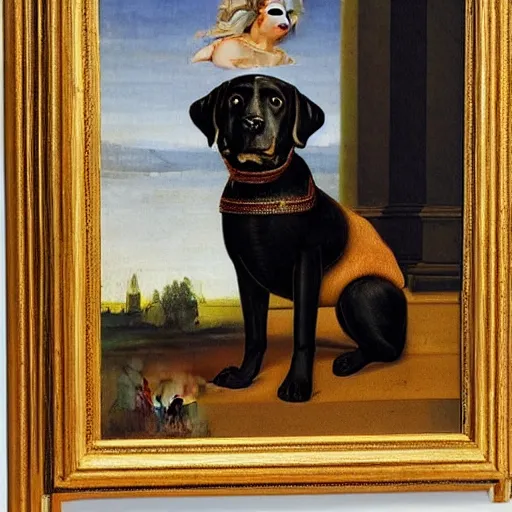 Prompt: a renaissance portait painting of a labrador dog wearing royal clothes, high detail, high quality