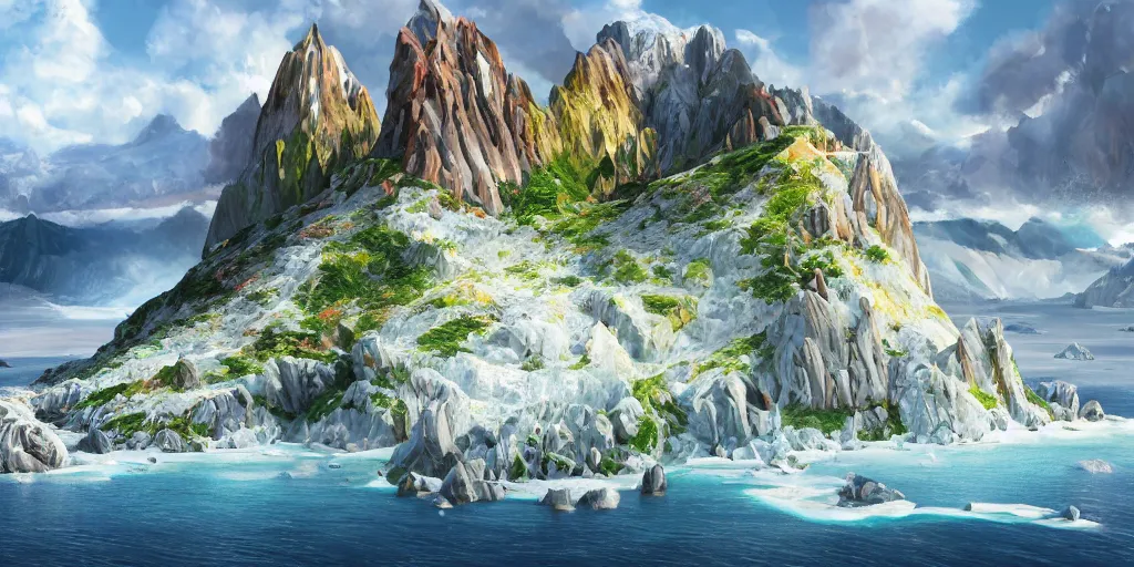 Image similar to a salt covered island surrounded by colourful rugged crystal quartz mountains, illustration, bright sunlight, sun glints, sunrays, digital art, hyperrealistic, oil painting, fantasy, 8 k, trending on artstation, detailed