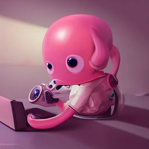 Image similar to a cute pink squid sitting playing videogames, digital art, trending on artstation, cgsociety, octane render, RPG portrait, dynamic lighting, hyperrealistic