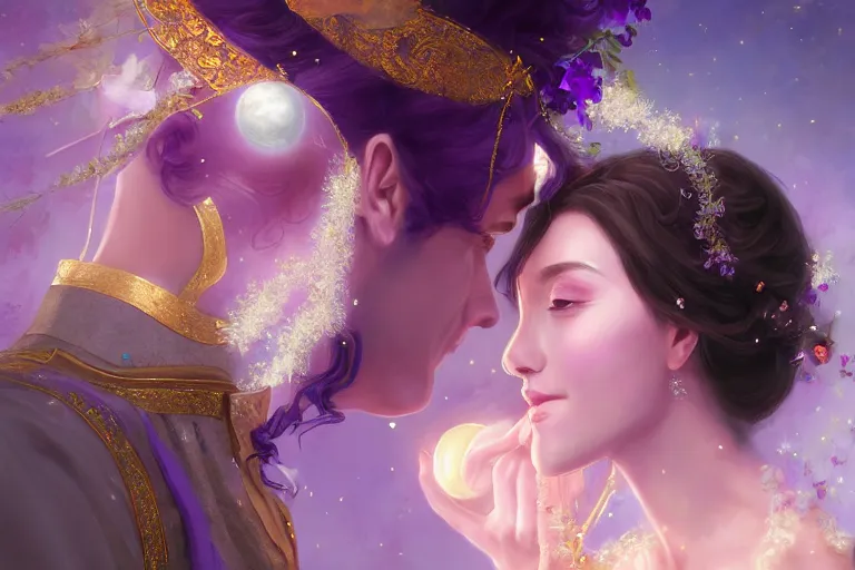 Image similar to a dreamlike cinematic portrait of wedding photograph close up moment of a divine a russia sun god and moon goddess lovers magician at a wedding banquet. portraiture. digital painting. artstation. concept art. fantasy wedding photo. digital painting, 8 k realistic, hyper detailed, violet evergarden art masterpiece by art by krenz cushart