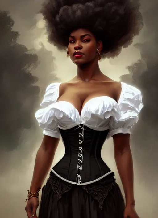 Image similar to cute black woman wearing a white corset dress, fantasy, intricate, highly detailed, digital painting, artstation, concept art, wallpaper, smooth, sharp focus, illustration, art by artgerm and greg rutkowski and alphonse mucha