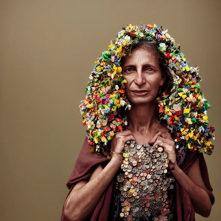 Image similar to closeup portrait of a woman wearing a cloak made of coins and flowers, standing in an apocalyptic city, by Annie Leibovitz and Steve McCurry, natural light, detailed face, CANON Eos C300, ƒ1.8, 35mm, 8K, medium-format print