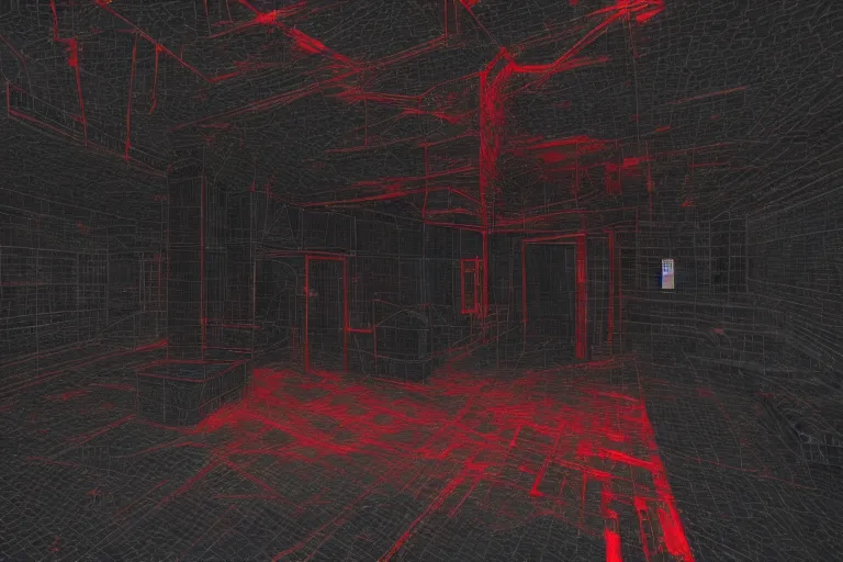 Image similar to cctv of an extremely dark empty room with evil horror cryptid monster made out of static, dark deep black shadows, crimson red and black color contrast in the style of trevor henderson and james ensor goya, liminal space, 3 d render, glitch effect