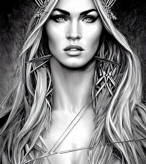 Image similar to portrait of beautiful megan fox as greek goddess aphrodite as an archer, arrow crown, beautiful piercing eyes, flowing blonde hair, realistic face, black and white drawing, in the style of greg rutkowski, fantasy, amazing detail, epic, intricate, elegant, smooth, sharp focus