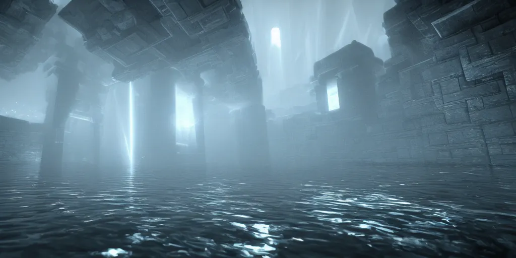 Image similar to floating water temple inside a void, unreal engine, high contrast, kelly freas