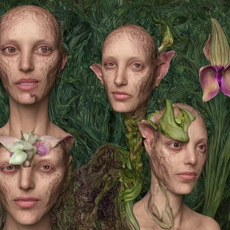 Image similar to a grinning shape shifting girl with reptile skin, plant patterns, her face looks like an orchid, she is the center of the garden, jan van eyck, ernst fuchs, egon schiele, trending on artstation, 8 k, award winning, facial symmetry, iris van herpen, unreal engine 4, high octane, ray tracing, psychedelic