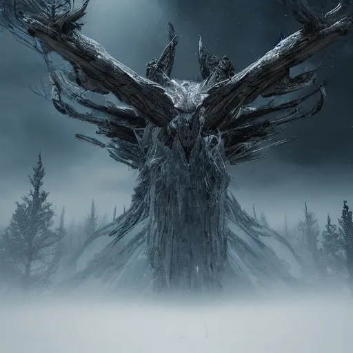 Image similar to the wild hunt, spectres riding in the sky, wraiths of morhogg, bad omen, enchanted forest, blizzard storm, fog, full moon, snowy environment, in the style of the witcher series, hyperrealism, breathtaking, award winning, groundbreaking, octane render, unreal 5, intricate digital art, 8 k high resolution