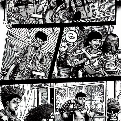 Prompt: intricate detailed comic style illustration of cyborg punk street kids with a pet dinosaur in a warehouse rave, no speech bubbles, dystopian, cyberpunk