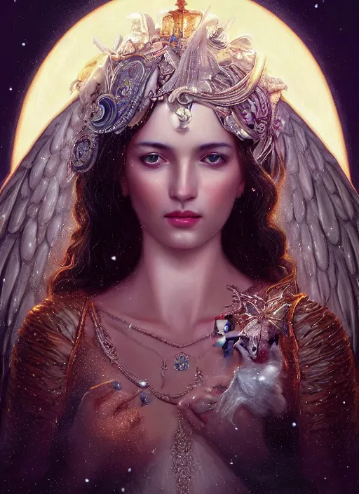 Image similar to A beautiful digital painting of a female angel full of jewels, princess, the moon behind her, intricate, cinematic lighting, highly detailed, digital painting, Artstation, concept art, smooth, sharp focus, illustration, art by Tom Bagshaw, Artgerm and Greg Rutkowski